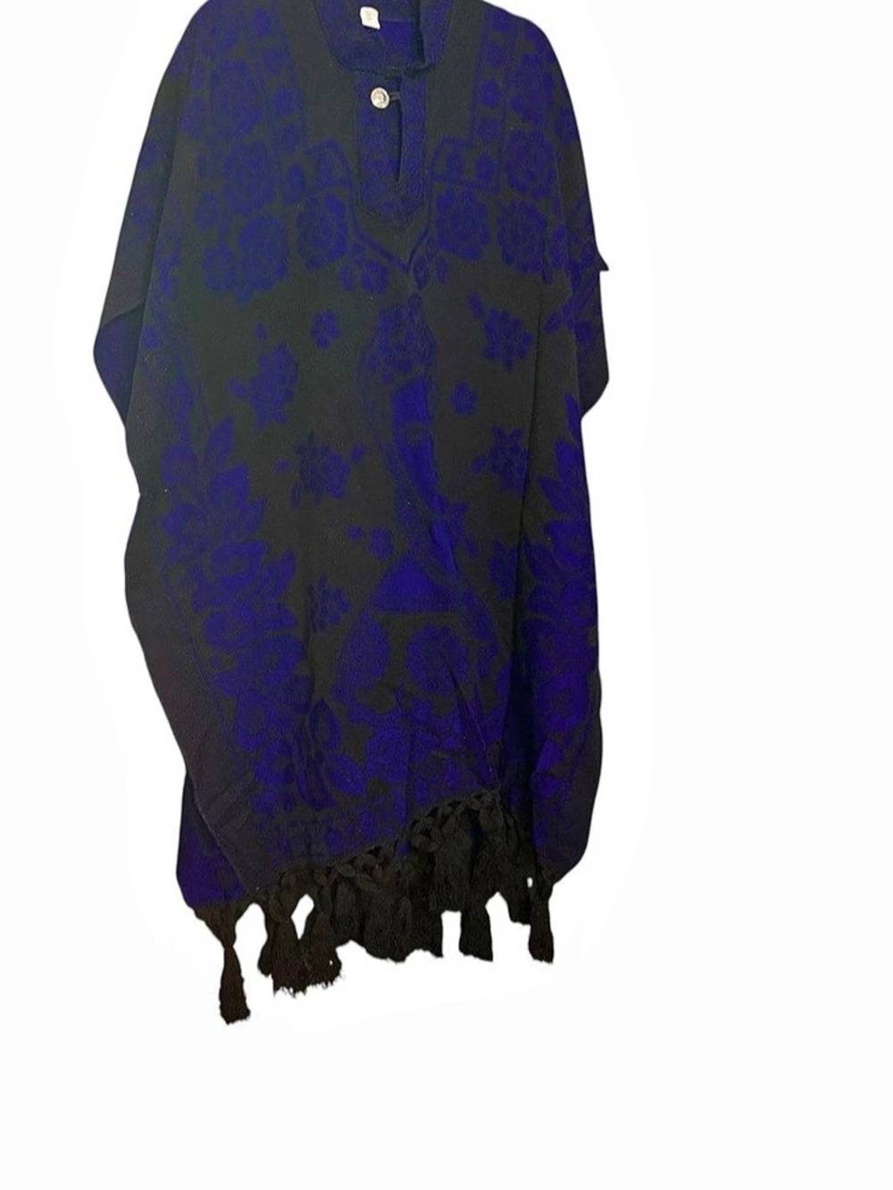 Artesanias San Martin Frida Floral in Blue & Black Fringe Poncho